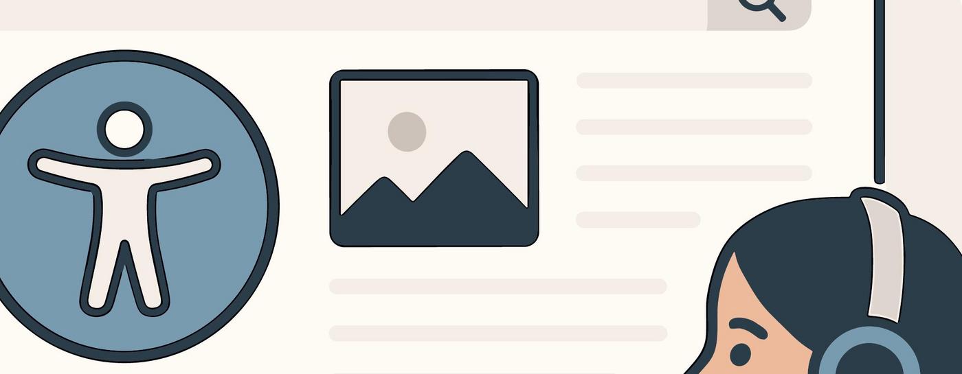 Illustration eines Computerbildschirms, auf dem das Symbol für Barrierefreiheit, ein Bild und ein Suchschlitz mit Lupe gezeichnet sind. Um den Bildschirm herum sind ein Auge, ein Mikrofon und ein zeigender Finger platziert. Unten rechts ist eine Frau mit Kopfhörern dargestellt.