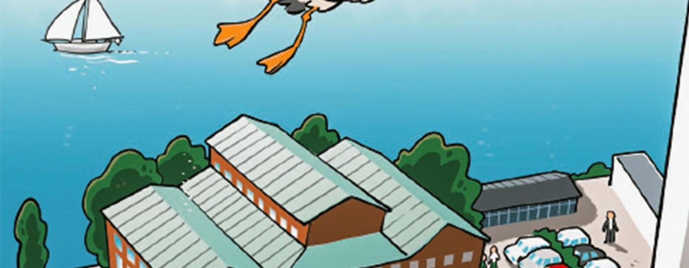 Illustration des Kraftwerks und der Förde. Eine Möwe ist im oberen Bereich abgebildet sowie der Schriftzug Kurs 2030.