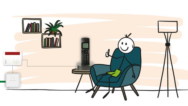 Grafik: Strichmännchen sitzt auf Sessel in einem Wohnzimmer, neben ihm steht ein DECT Telefon mit Glasfaser-Telefonie der Stadtwerke Flensburg auf einem kleinen Tisch