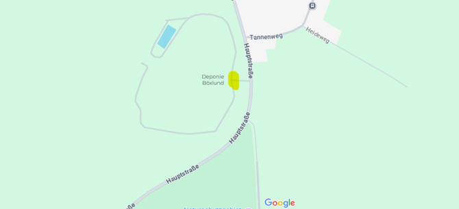 Screenshot einer Landkarte mit der Einzeichnung Deponie Böxlund und umliegenden Straßen.