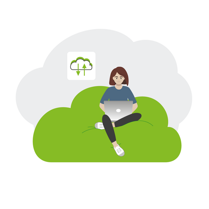 Grafik: Frau mit Laptop sitzt auf Wolke und nutzt Förde Flat Cloud der Stadtwerke Flensburg