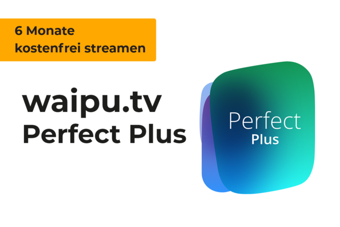 Schriftzug waipu.tv Perfekt Plus 6 Monate kostenfrei streamen und Logo Perfect Plus.