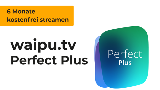 Schriftzug waipu.tv Perfekt Plus 6 Monate kostenfrei streamen und Logo Perfect Plus.