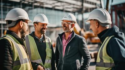 Vier Männer mit Helm stehen draußen auf einem Betriebshof Elektrizität.