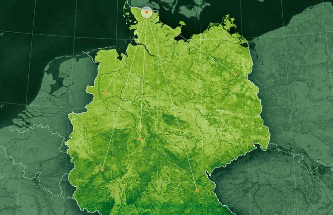Landkarte mit einer leichter Hervorhebung der Bundesrepublik Deutschland.