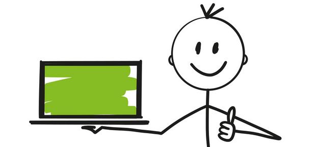 Grafik: Strichmännchen hält Laptop in der Hand und zeigt Daumen hoch