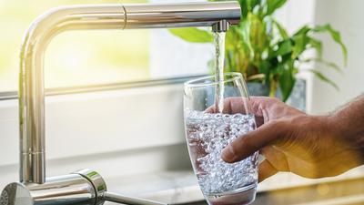 Wasserglas wird mit Flensburger Leitungswasser vom Wasserhahn gefüllt.