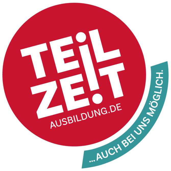 Logo Teilzeitausbildung.de in einem roten Kreis mit weißer Aufschrift. Unter dem Keis befindet sich eine Unterschrift in Türkis mit weißen Buchstaben Auch bei uns möglich.