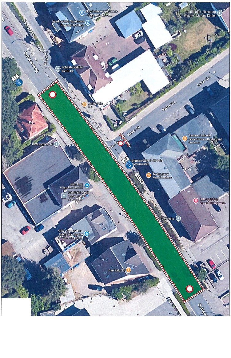 Kartenausschnitt Ochsenweg: Der Straßenverlauf von Husumer Straße und Nikolaus-Matthiesen-Straße ist grün hervorgehoben.